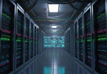 Illuminated server room corridor with rows of racks and glowing digital display at the far end