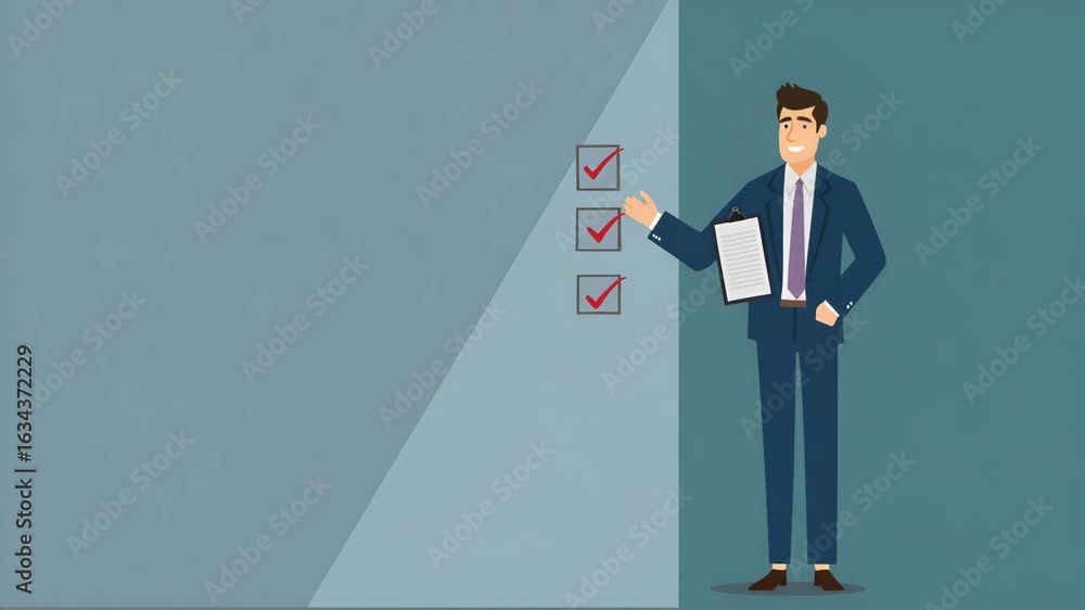 Poster businessman reviewing regulatory compliance: steps document with checkboxes for policies, terms, and