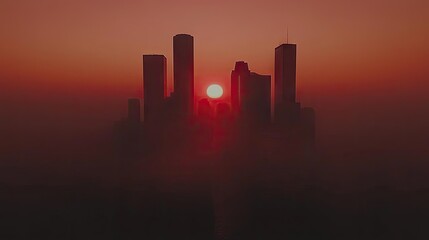 Silhouette of city skyscrapers at sunrise through a hazy atmosphere.
