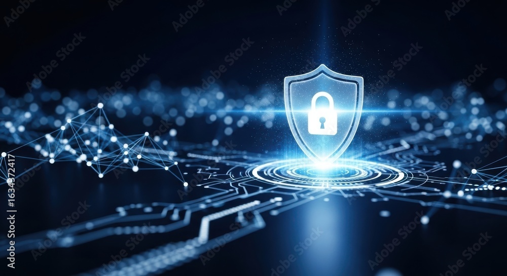 Poster digital shield icon illuminates a futuristic circuit board with glowing data streams representing cy