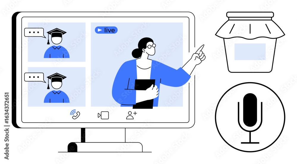 Poster online class on a computer screen with teacher and graduates in video call, focus on learning. ideal