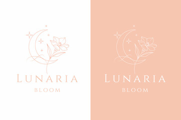 Minimalist Crescent Moon and Flower Thin Line Aesthetic Logo Design for Cosmetic Packaging, Flower Shop, and Beauty Products