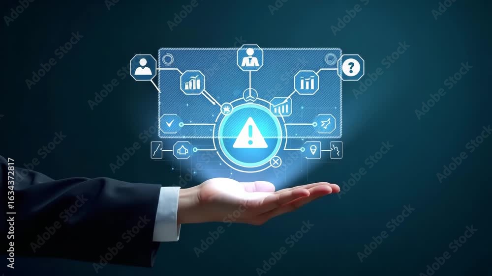 Poster flat hand reviewing holographic business audit device with compliance data analysis icons in a simpl