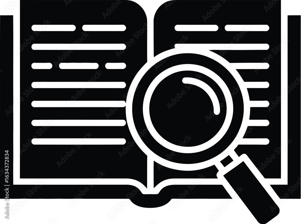 Poster magnifying glass over an open book with text representing research and learning