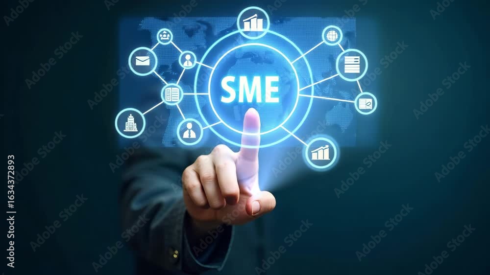 Poster hand pointing at holographic icons representing sme business growth strategies in empty space for sm