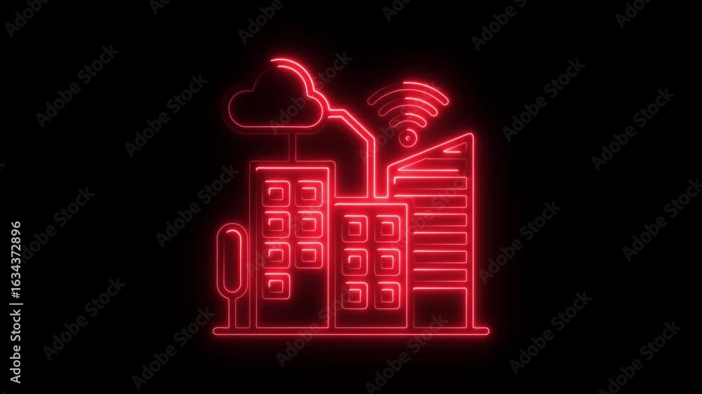 Poster neon smart city illustration futuristic cloud computing and wireless connectivity concept glowing re