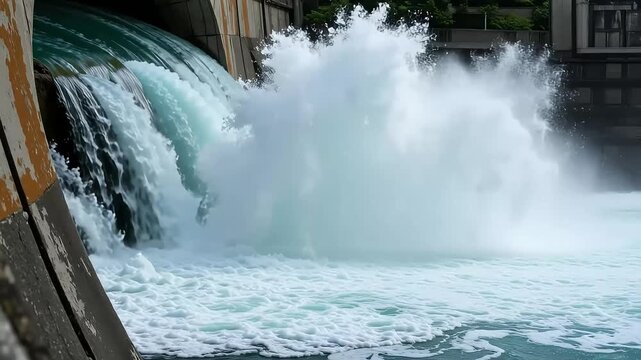 Powerful dam releasing rushing water with dynamic splash for energy production and flood control use
