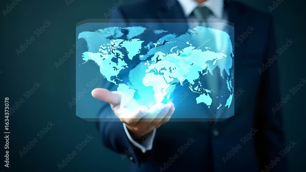 Poster businessman showcasing global network connections with big data analytics and business intelligence 