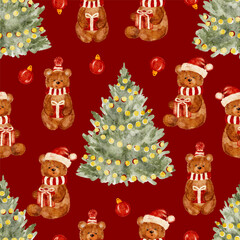 Christmas seamless pattern with teddy bears, gift boxes, Christmas trees, and ornaments. Vector illustration