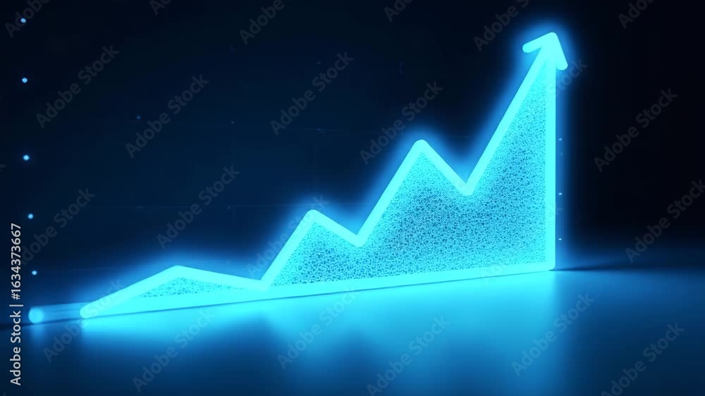Poster abstract glowing blue growth chart: low polygon particle triangle style with wireframe light connect