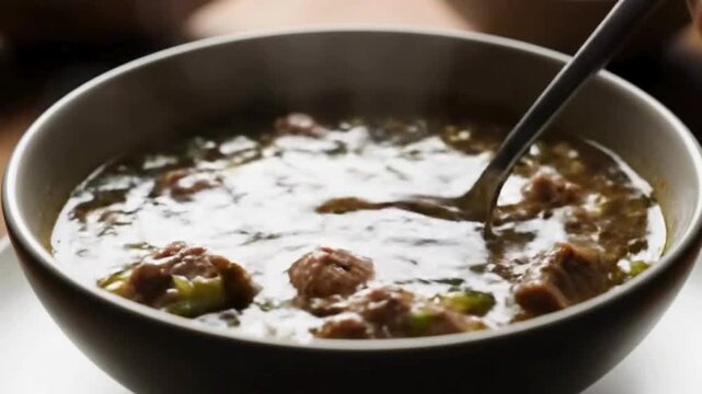 A spoon stirs a bowl of dark, rich soup with tender beef cubes and a hint of green onion. rawon