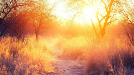 Fototapeta premium Golden Hour Path Through Sunlit Forest, Warm Light, Serene Landscape.