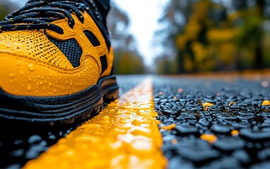 A closeup of a yellow running shoe on rain soaked asphalt, symbolizing determination and outdoor activity