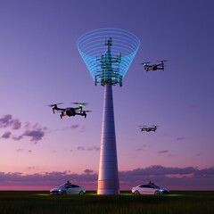 Futuristic Drone & Autonomous Vehicle Network: 5G Tower Sunset Scene