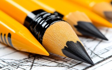 Sharp yellow pencils placed on a sheet of drafting paper, symbolizing creativity and design