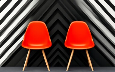 Two vibrant red chairs stand out against a bold black and white striped wall, creating a striking visual contrast