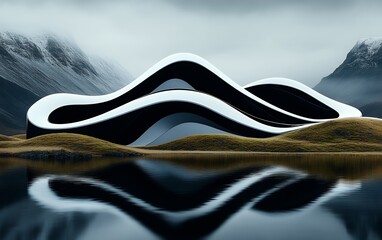 A futuristic white building with flowing curves sits on reflective water, blending architecture with nature