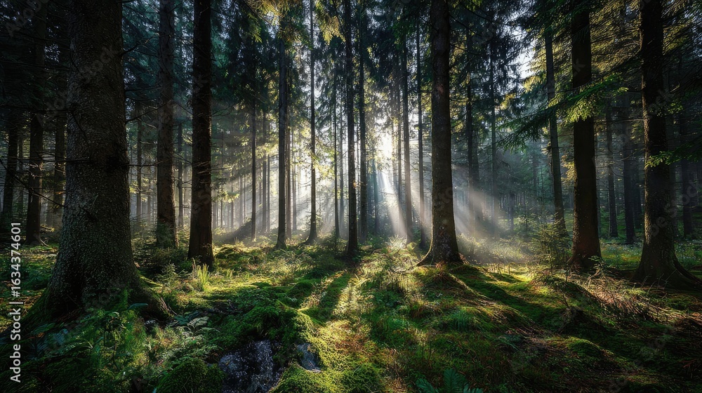 Poster sunlight filtering through tall trees in a lush green forest, creating beautiful patterns on the gro