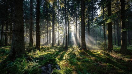 Fototapeta premium Sunlight Filtering Through Tall Trees in a Lush Green Forest, Creating Beautiful Patterns on the Ground