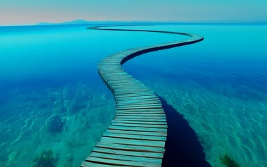 A curved wooden path stretches over vibrant turquoise water, creating a serene and picturesque setting in nature