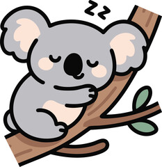Cute cartoon koala bear sleeping peacefully on a tree branch, adorable vector illustration for wildlife, nature, or relaxation themes.