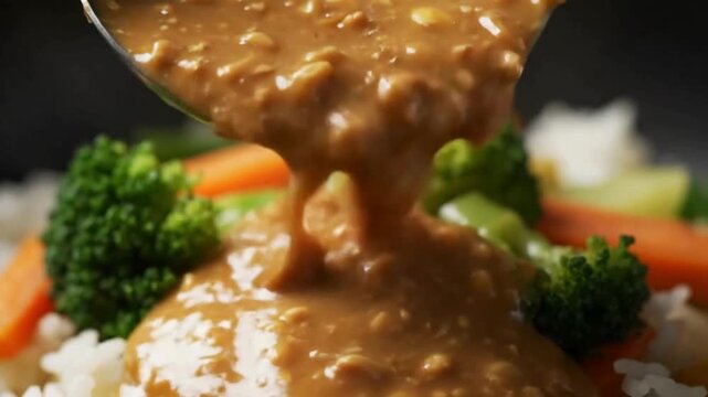A ladle pours thick, rich peanut sauce over a colorful plate of steamed vegetables and rice. pecel