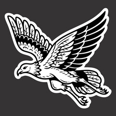 Striking black and white vector illustration of an eagle in flight. Ideal for logo, tattoo, or emblem designs. Bold, traditional style with thick outlines.