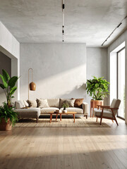 Cinematic Biophilic Living Room with Dramatic Lighting, Sculptural Plants, and Minimalist Concrete Interior

