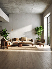 Cinematic Biophilic Living Room with Dramatic Lighting, Sculptural Plants, and Minimalist Concrete Interior


