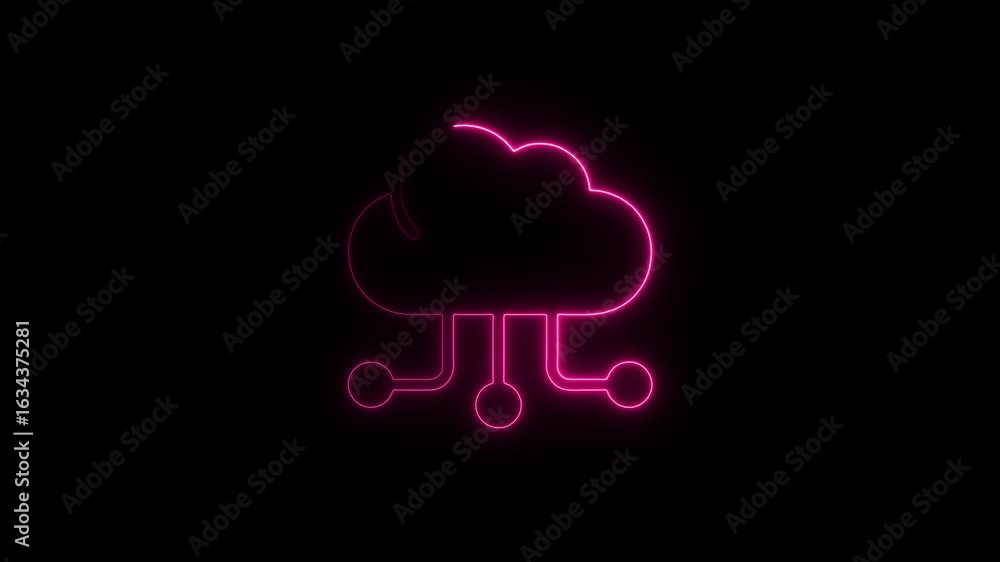 Poster neon cloud computing icon animation glowing pink against black background illustrating data storage 
