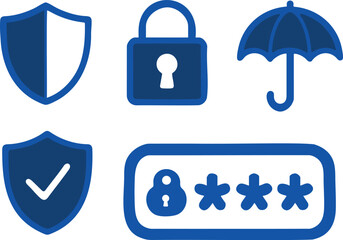 Blue vector icons for digital security, data protection, and privacy. Includes shield, padlock, umbrella, and password field symbols for web and app design.