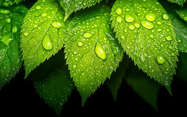 Vibrant green leaves covered in fresh dewdrops, symbolizing purity and nature's beauty