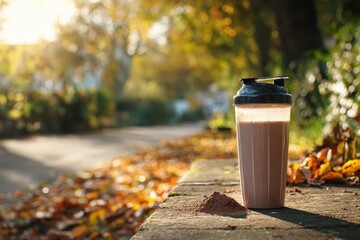 Chocolate protein shake on a stone ledge surrounded by autumn leaves