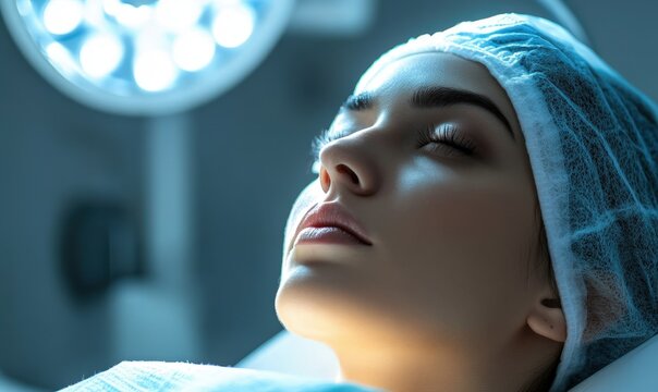 A patient lies still on an operating table with a focused expression, surrounded by medical equipment and bright overhead lights. The environment is typical of a modern surgical room