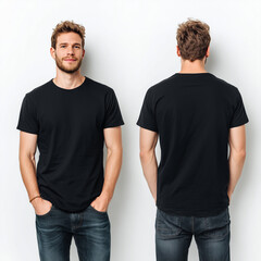 Front and Back black t-shirt mockup, presenting front and back views against a white background