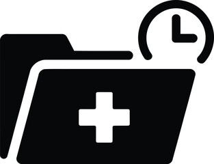 Obraz premium Black medical folder icon with a plus sign and a clock indicating urgent healthcare record
