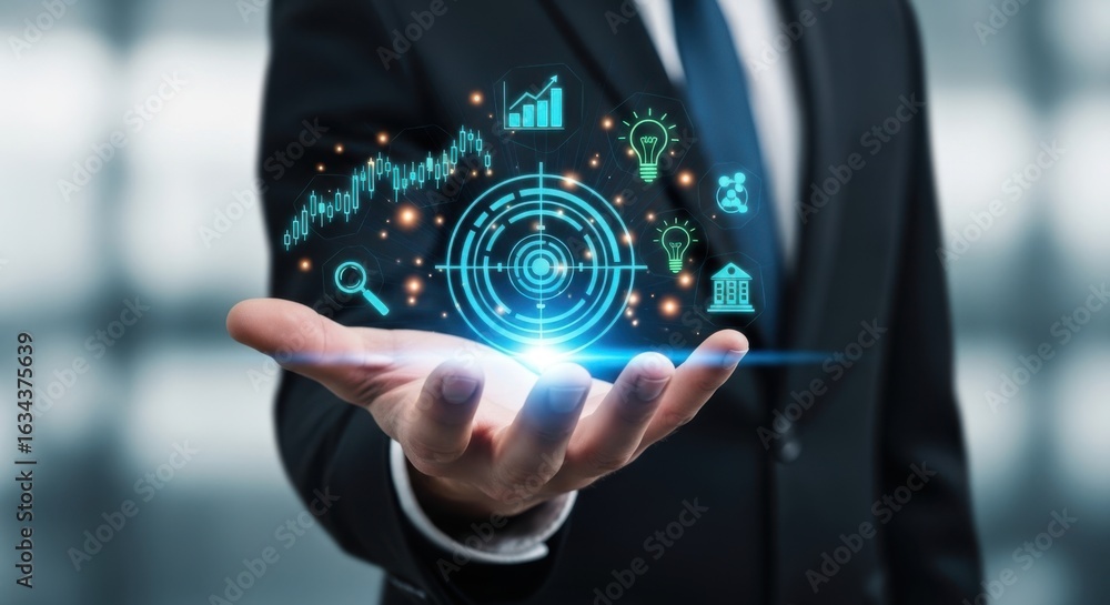 Poster businessman s outstretched hand displaying a glowing futuristic digital interface with financial cha