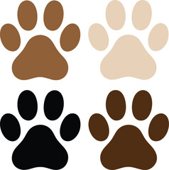A set of four vector animal paw prints in various shades of brown and black, isolated on a white background, perfect for pet-themed designs.