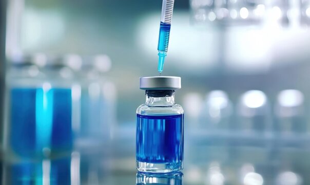 A syringe filled with blue liquid is poised above a sealed vial in a bright clinical environment. This preparation suggests medical procedures or vaccinations taking place