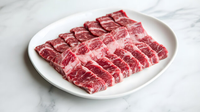 Sliced beef brisket with marbling arranged on white plate, fresh raw meat, ready for cooking, isolated on marble background