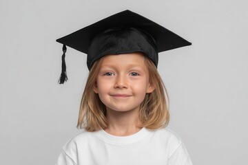A happy child in a white t-shirt wearing a black graduation cap