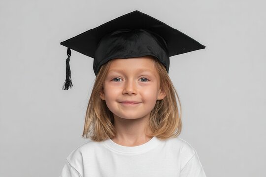 A happy child in a white t-shirt wearing a black graduation cap - Powered by Adobe