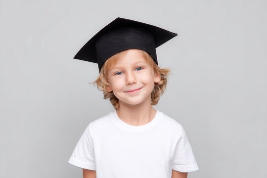 A happy child in a white t-shirt wearing a black graduation cap