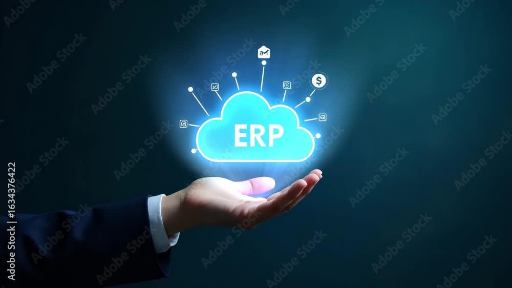 Poster flat hand presenting holographic customization icon for cloud-based erp software - minimalist vector