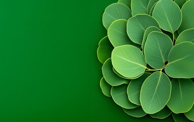 Close up of green circular leaves layered on a vibrant green background, symbolizing nature and growth