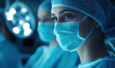 Two medical professionals, dressed in blue scrubs and masks, collaborate in a sterile operating room, preparing for surgery amid bright surgical lights and a focused environment