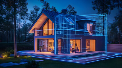 Smart home automation holographic interface modern house technology night illuminated digital