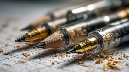 Close-up of mechanical pencils and wood shavings on graph paper for creative design
