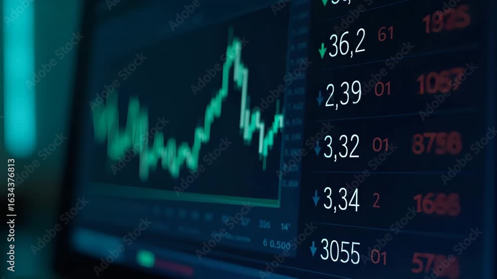 Poster detailed view of stock market exchange interface on computer screen: graphs, numbers, and empty spac