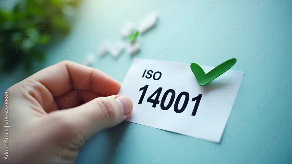 Poster hand placing checkmark on iso 14001 label: symbolizing quality control and certification for environ